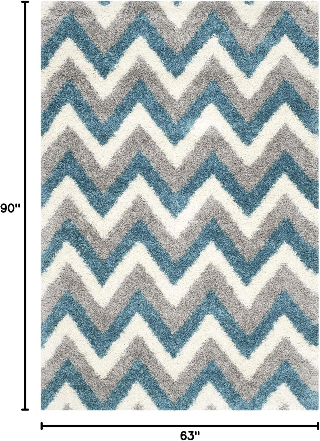 Kids Shag Collection Area Rug - 5'3" X 7'6", Ivory & Blue, Chevron Design, Non-Shedding & Easy Care, 2-Inch Thick Ideal for High Traffic Areas in Living Room, Bedroom (SGK568C)