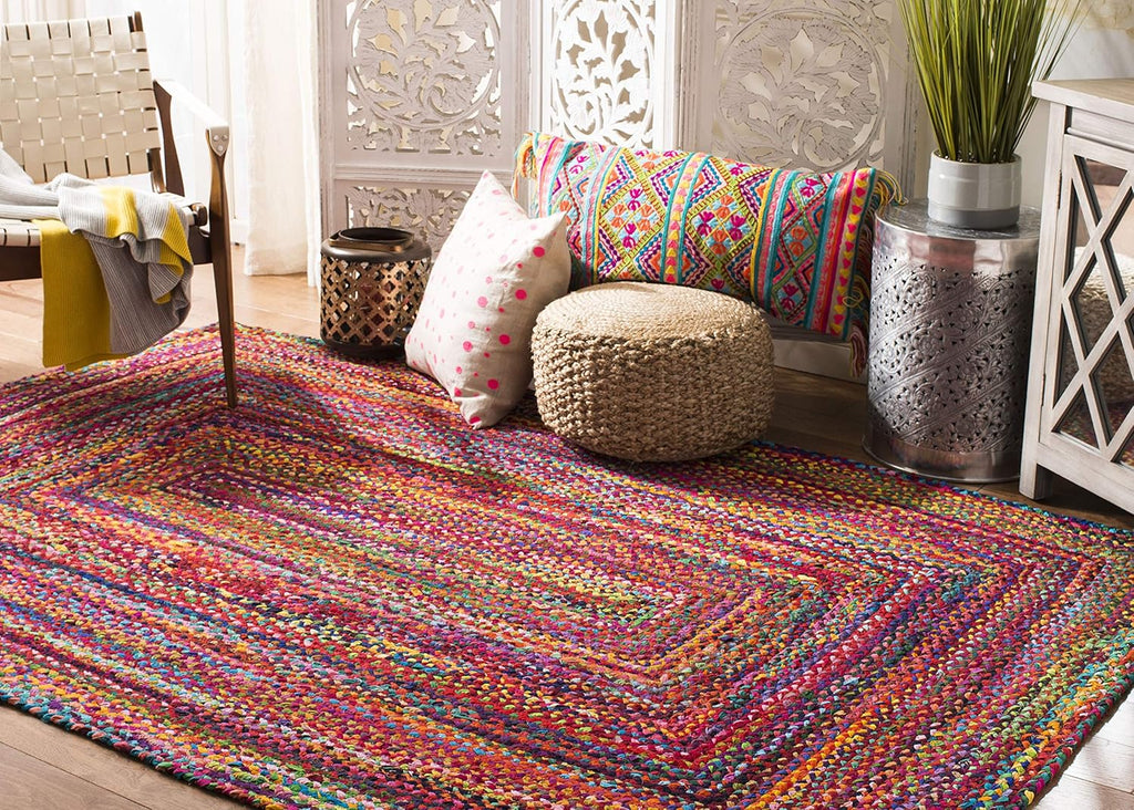 4X6 Area Rug - Braided Collection - Red & Multi, Handmade Woven Cotton, Boho Reversible Style, Ideal for Living Room, Bedroom (BRD210A)