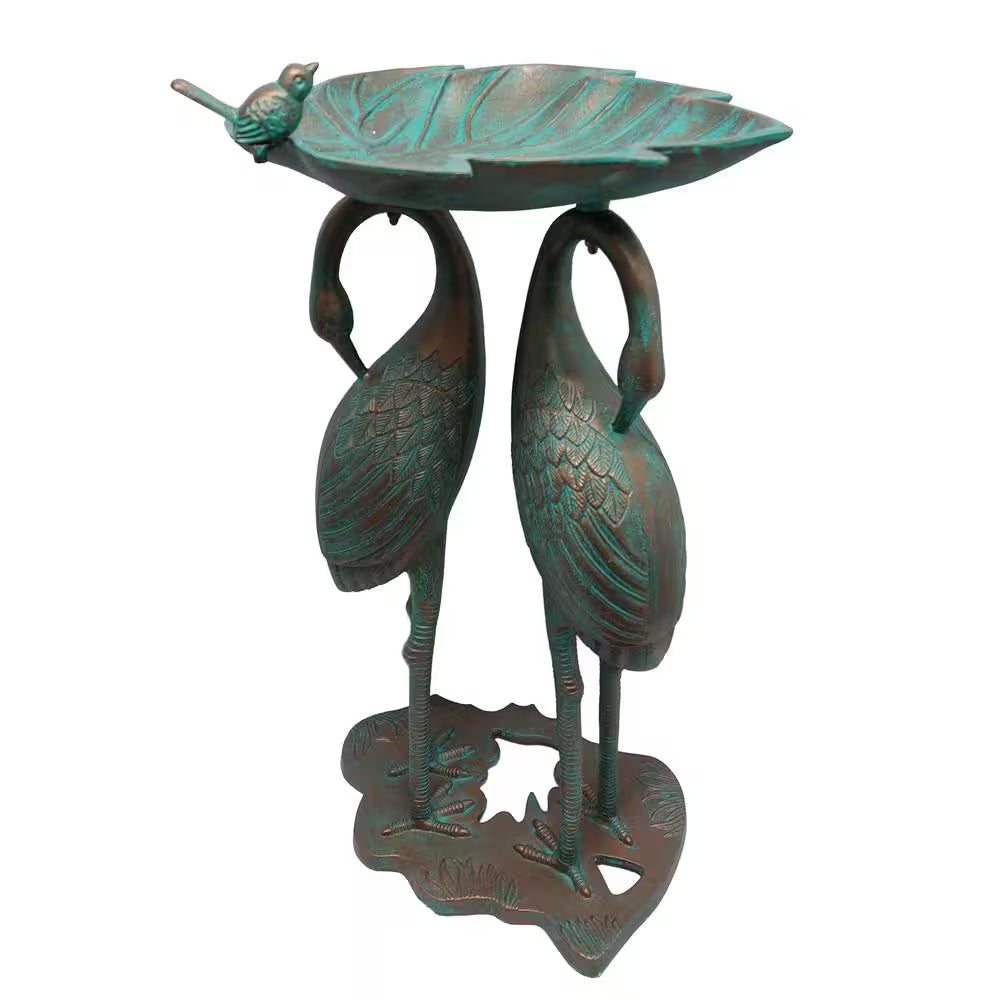 Cast Aluminum 30 In. Twin Crane Copper Patina Bird Bath with Leaf Bowl