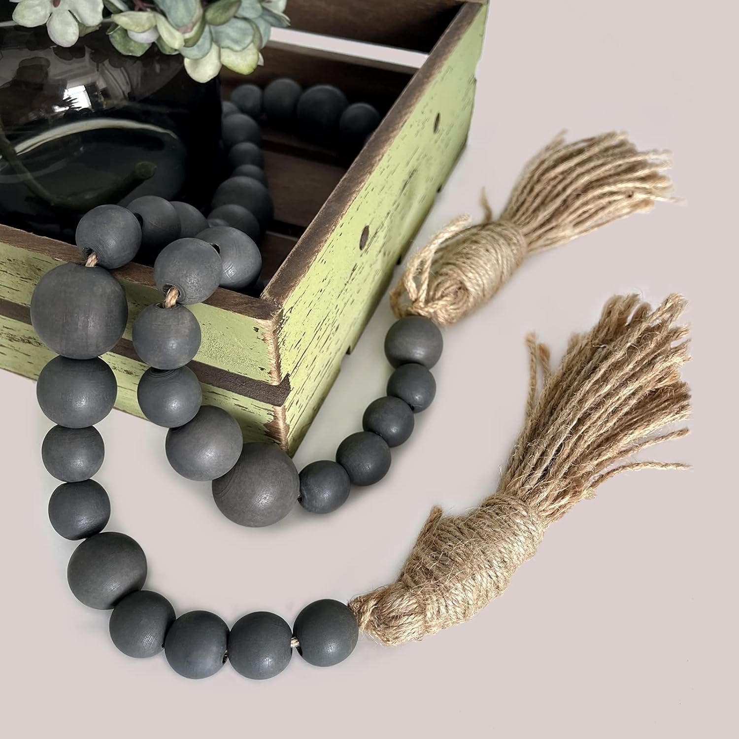 49.6In Wooden Beads Garland Decor Farmhouse Decor with Tassels，Boho Coffee Table Decor Natural Wood for Rustic Home Decor Wall Hanging Decor，Tiered Tray Decor(Gray)