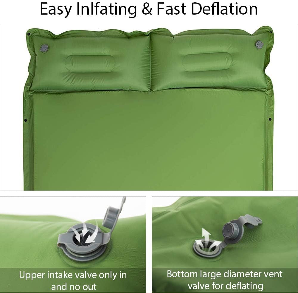 Double Camping Sleeping Pad Self- Inflating Camping Mattress with Pillows Memory Sponge Filling Sleeping Mats for Truck Tent - Green