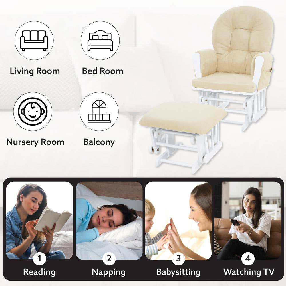 White/Cream Modern Glider Nursery Rocking Chair with Ottoman, Ideal for Breastfeeding and Reading