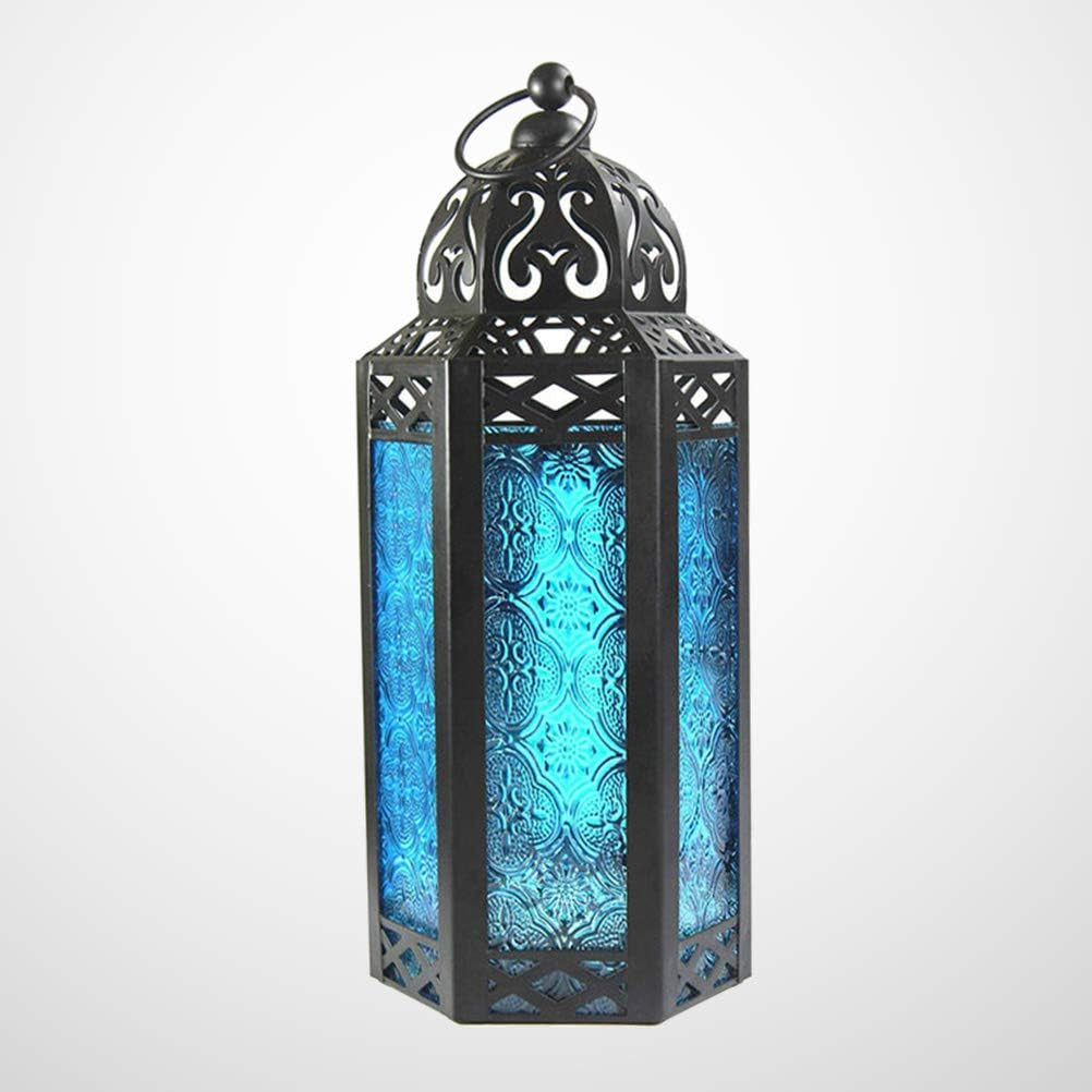 Hanging Lantern, Vintage Wrought Iron Hanging Candle Holder, Candle Holder for Courtyard Table (Blue)