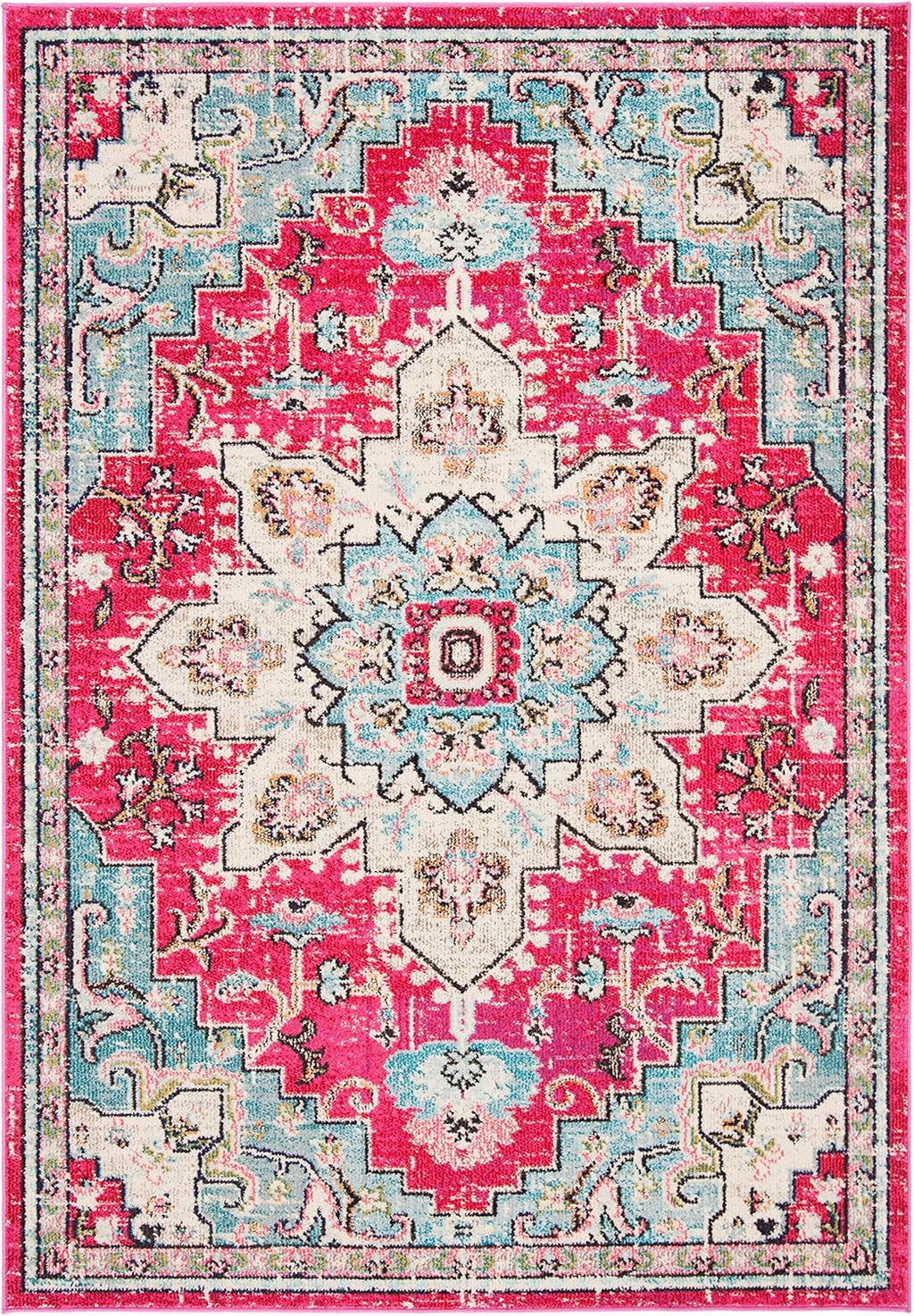 Madison Collection Accent Rug - 4' X 6', Fuchsia & Blue, Medallion Distressed Design, Non-Shedding & Easy Care, Ideal for High Traffic Areas in Entryway, Living Room, Bedroom (MAD473A)