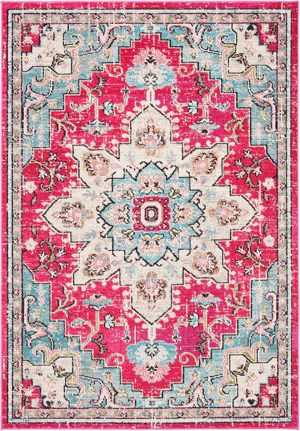 Madison Collection Accent Rug - 4' X 6', Fuchsia & Blue, Medallion Distressed Design, Non-Shedding & Easy Care, Ideal for High Traffic Areas in Entryway, Living Room, Bedroom (MAD473A)