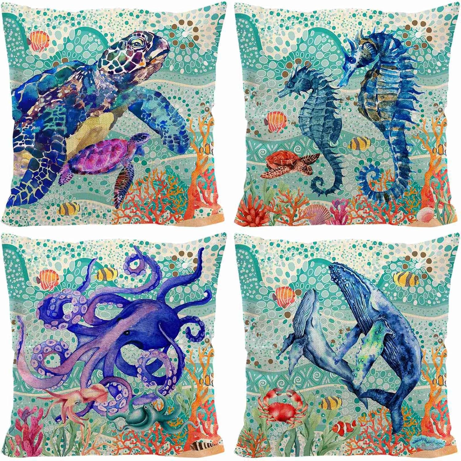 Ocean Theme Nautical Decorative Pillow Covers, Sea Turtle Octopus Seahorse Whale Decorative Throw Pillows 18X18, Sea Beach Coastal Mediterranean Cotton Linen Pillow Cases Home Decor for Sofa