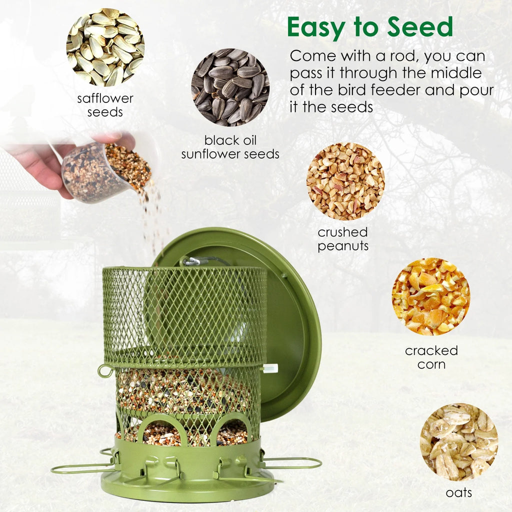 Squirrel-Proof Wild Bird Feeder - Outdoor Hanging Mesh Feeder with 6 Feeding Ports - 4LB Large Capacity, Attracts Bluebirds, Cardinals, Finches, Blue Jays, and More