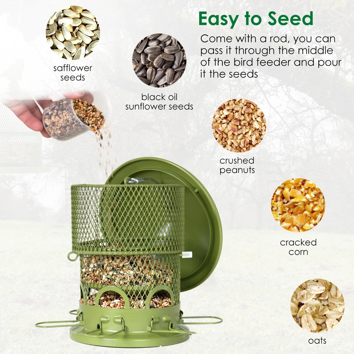 Squirrel-Proof Wild Bird Feeder - Outdoor Hanging Mesh Feeder with 6 Feeding Ports - 4LB Large Capacity, Attracts Bluebirds, Cardinals, Finches, Blue Jays, and More