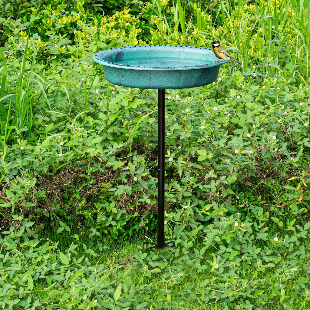 Oval Polyresin Bird Bath Bowl with Metal Stake, 34 Inch Height Outdoor Freestanding Birdfeeder - Green