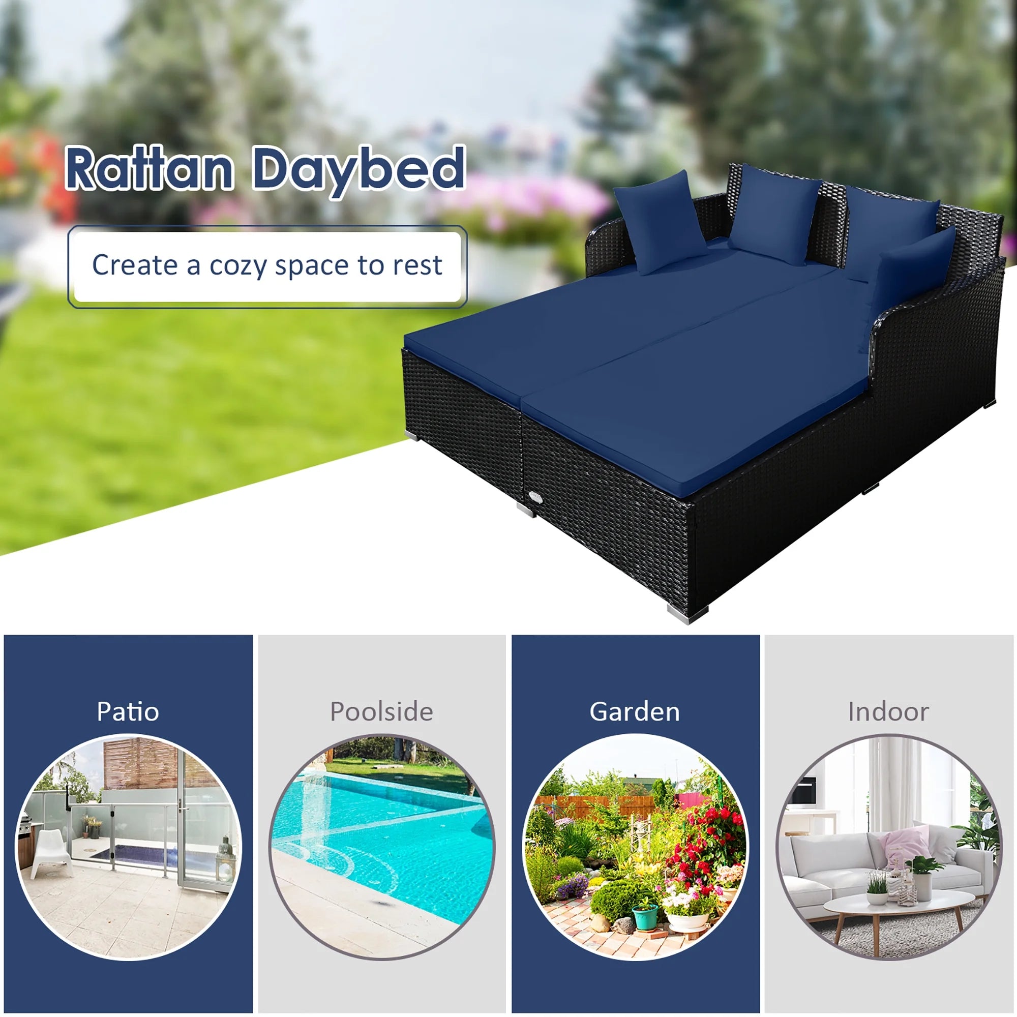 Outdoor Patio Rattan Daybed Pillows Cushioned Sofa Furniture Navy