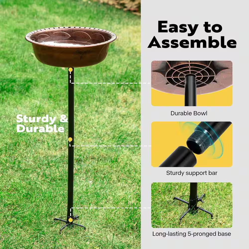 29 In. H round Polyresin Garden Birdbath with Metal Stake in Bronze