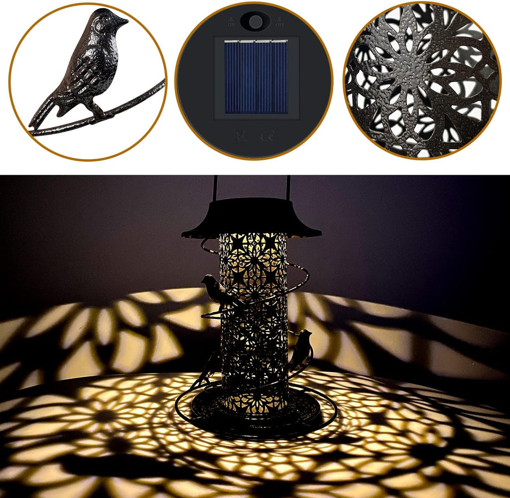 Solar Bird Feeder Heavy Duty Wild Bird Feeder Waterproof Tube Bird Feeder Solar Powered Garden Lantern Bird House Feeder with Light for outside Hanging Garden Decoration - Bronze