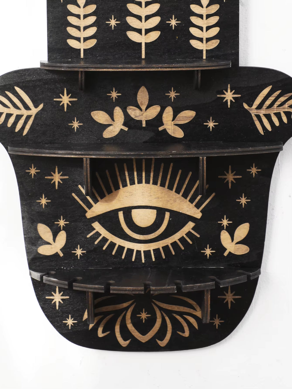 Black Wooden Wall Shelf Boho Hamsa Hand Shape Wall Decor Hanging Shelves Crystal Display Stand Ledge Evil Eye Gothic Home Decor