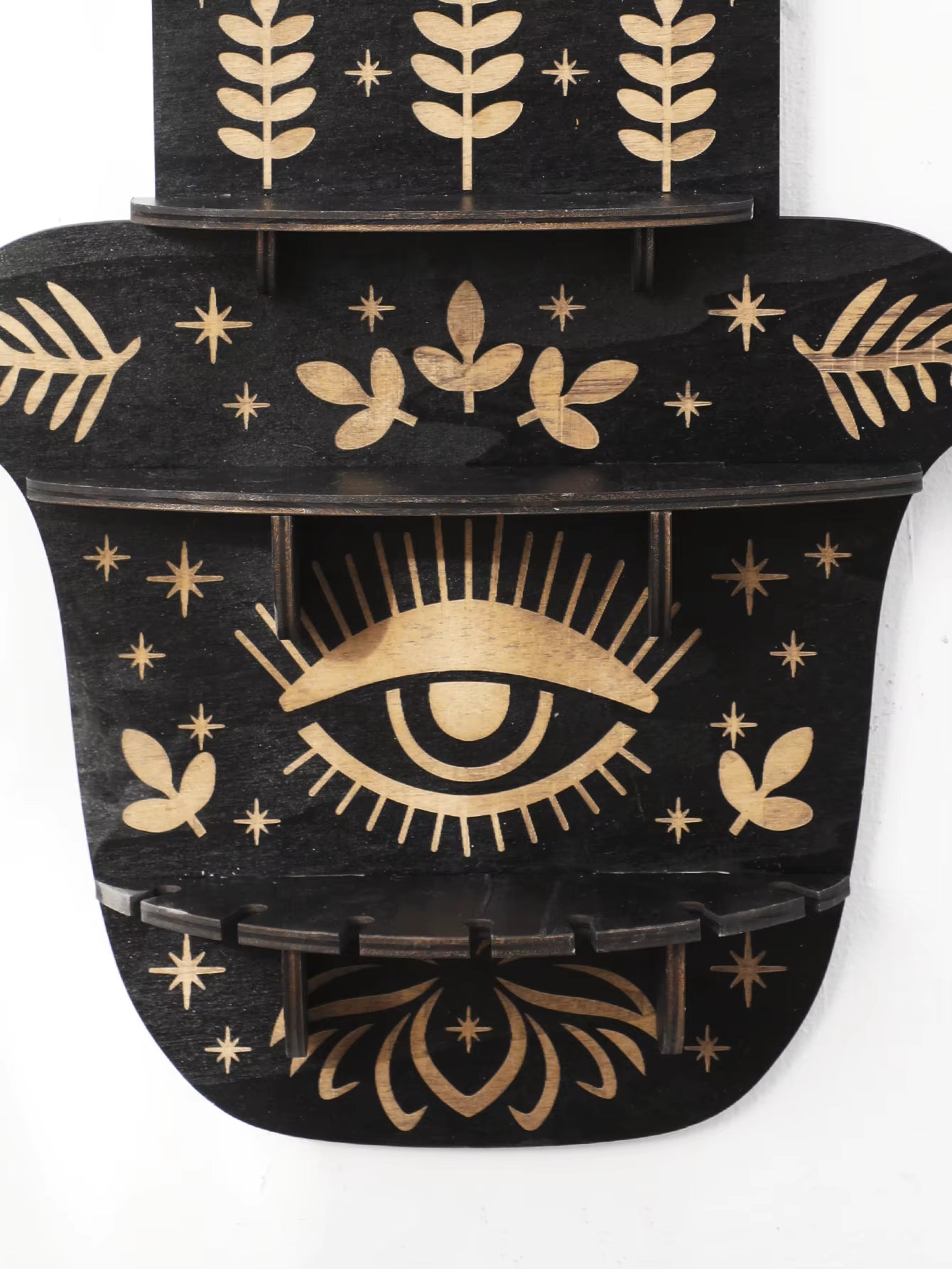 Black Wooden Wall Shelf Boho Hamsa Hand Shape Wall Decor Hanging Shelves Crystal Display Stand Ledge Evil Eye Gothic Home Decor