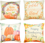 Thanksgiving Throw Pillow Covers - Pumpkin Pillow Covers, Fall Accent Pillows for Thanksgiving Decorations(18 X 18, 4 Designs, 4 Pack)