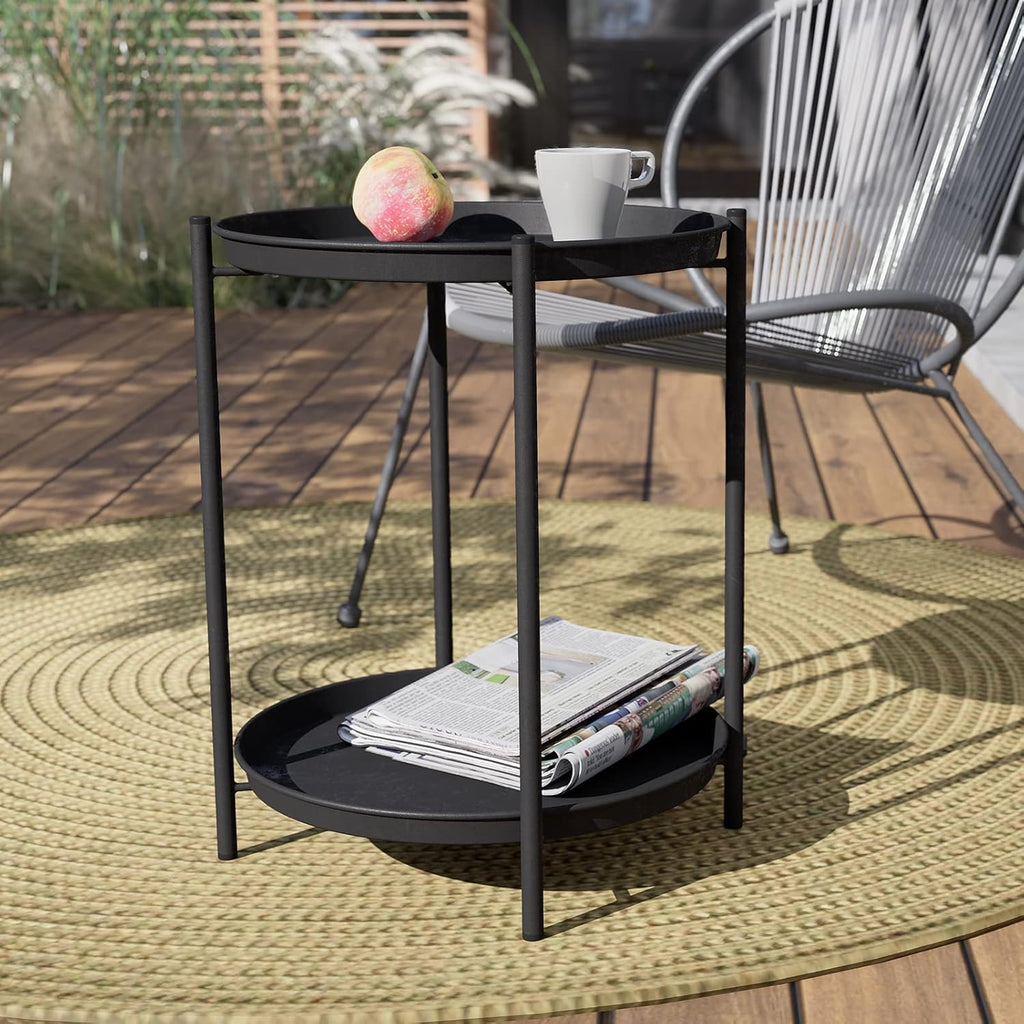 Outdoor Side Table, 2-Tier Metal round End Table, Black