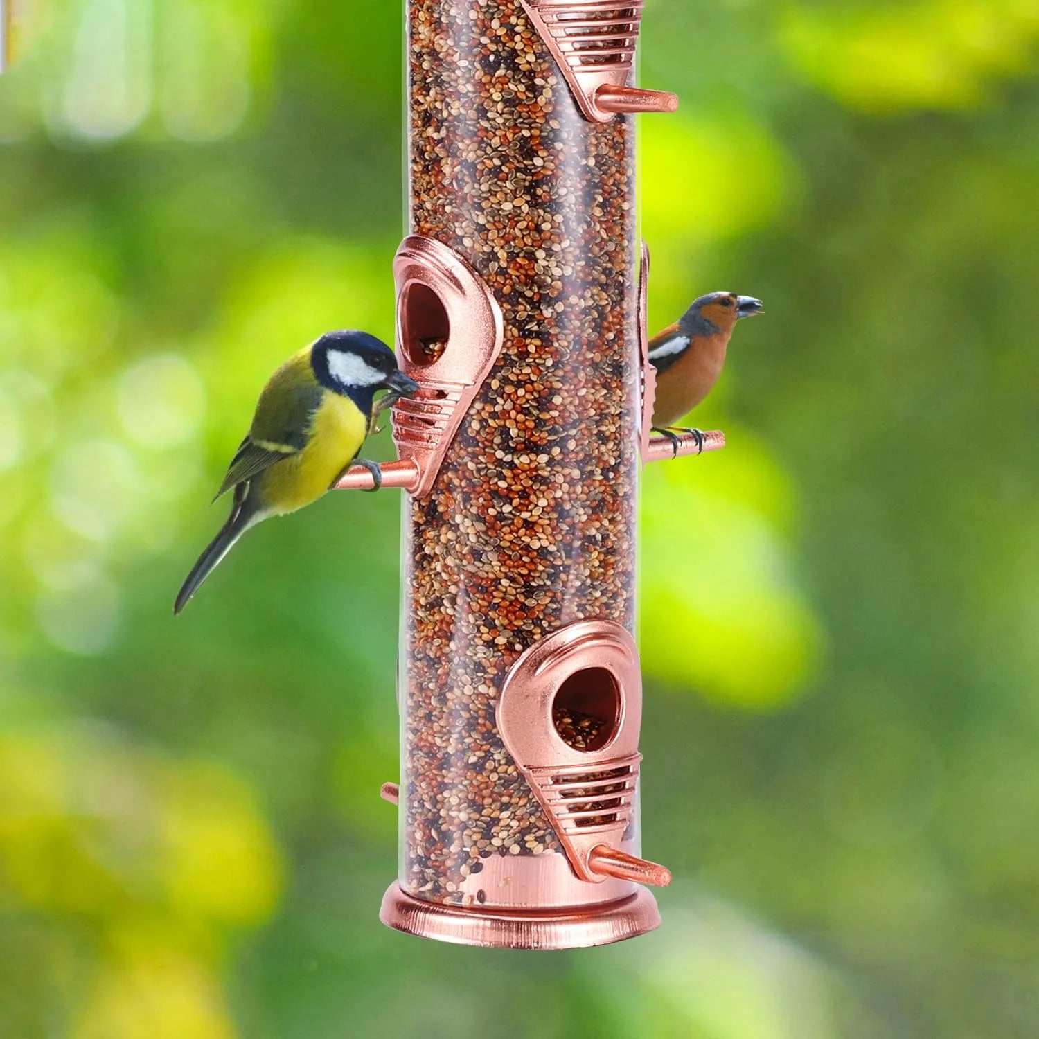Wild Bird Feeders for Outdoors Hanging, Metal Tube Feeder, 6 Feeding Ports, Rosegold - 1 Pack