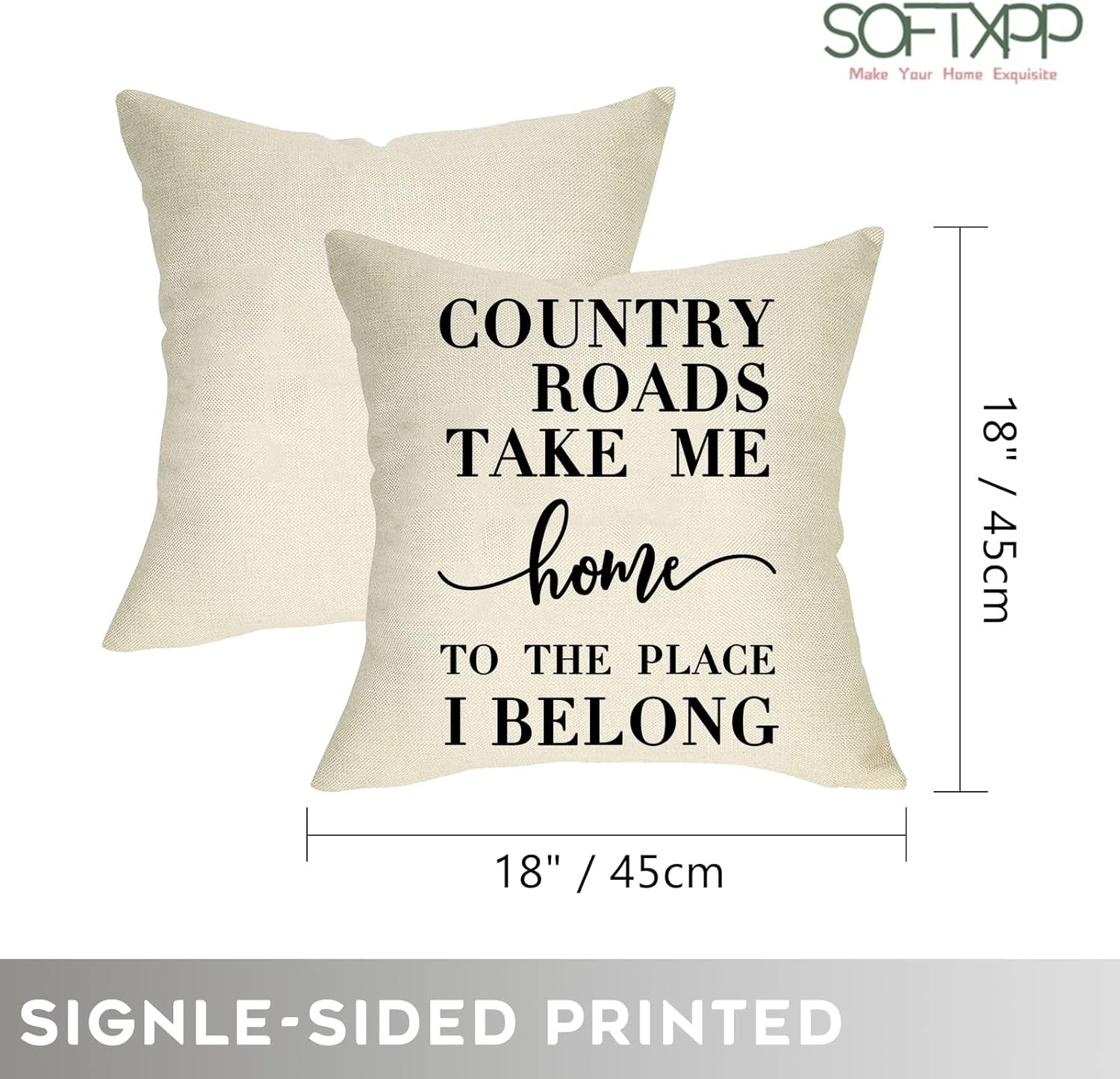 Farmhouse Quotes Rustic Decorative Throw Pillow Cover, Country Roads Take Me Home Sign Cushion Case Home Decorations, Inspirational Square Pillowcases Cotton Linen Decor for Sofa Couch 18 X 18