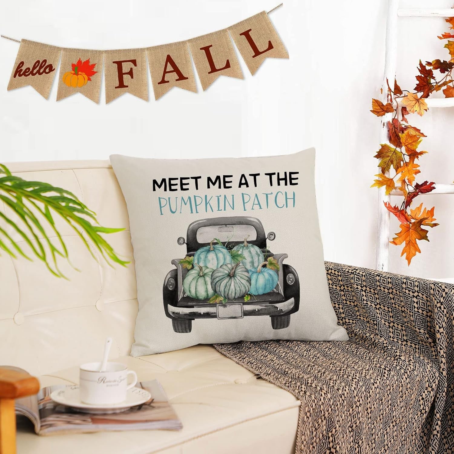 Set of 4 Fall Pillow Covers 16X16 Inch Thanksgiving Throw Pillows Covers Autumn Blue Pumpkins Decorative Cushion Covers Home Outdoor Sofa Couch Pillow Cases for Fall Decorations (16 by 16)