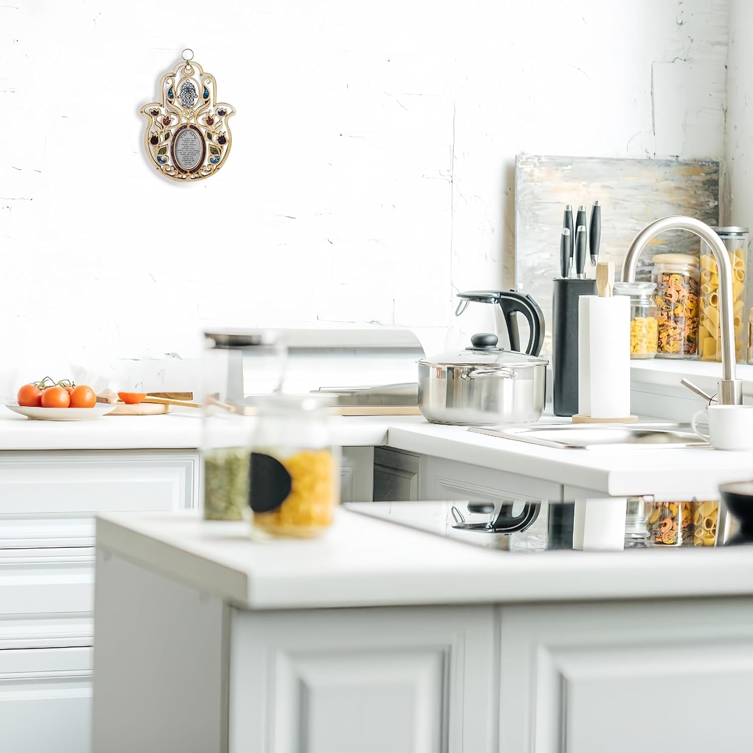 Large Wooden Hamsa Blessing for the Home - in Hebrew - Good Luck Wall Decor with Simulated Gemstones