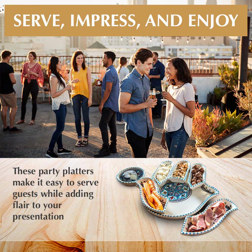 Ceramic Serving and Dipping Set - Handmade Boho Turquoise Hamsa