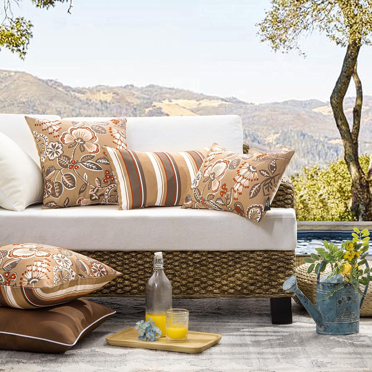 Pack of 2 Outdoor Indoor Throw Decorative Pillow Cover Decorative Waterproof Striped Floral Patio Pillows Cushion Case for Couch Tent Park, Light Coffee 18 X 18 Inches