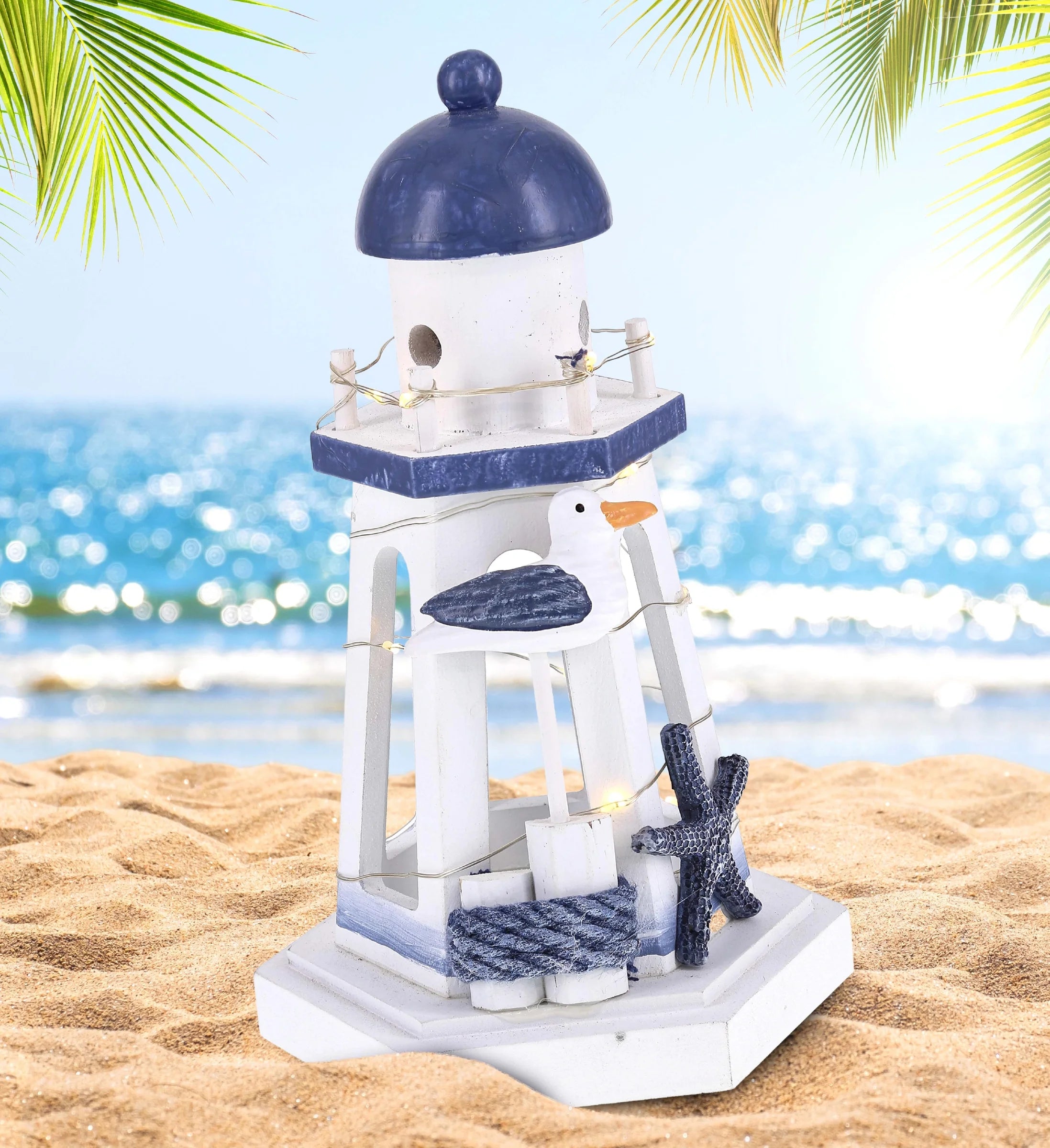 Ocean Blue Nautical Wooden Lantern Lighthouse with LED Lights - Table Top Centerpiece Coastal Decor for Home, Beach House, Rustic Decorative Lamp with Boat Anchor - Handmade Color May Vary