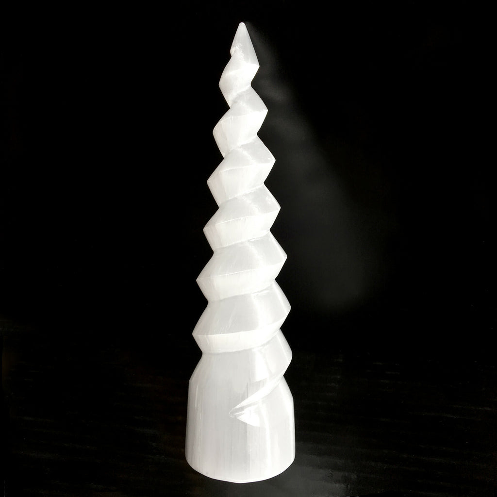 XL Selenite Tower Crystal Spiral Energy Wand 8" Point Cleanse Reiki CHARGE Heal