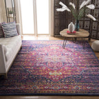 Evoke Collection 8' X 10' Blue / Fuchsia EVK275F Oriental Medallion Distressed Non-Shedding Living Room Bedroom Dining Home Office Area Rug