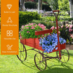 Wooden Garden Flower Planter Wagon Wheel Plant Bed Decorative Garden Planter for Backyard Garden Red