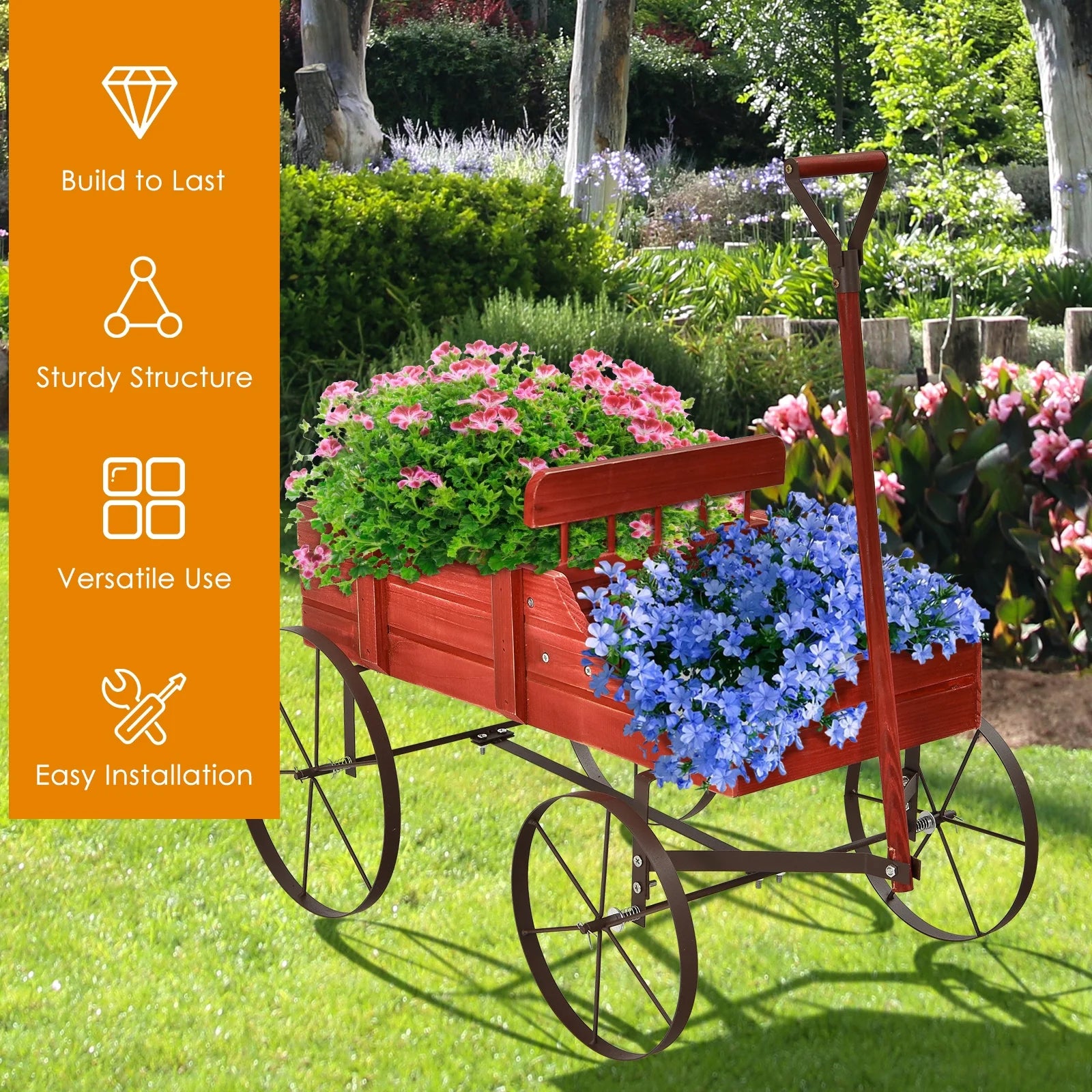 Wooden Garden Flower Planter Wagon Wheel Plant Bed Decorative Garden Planter for Backyard Garden Red