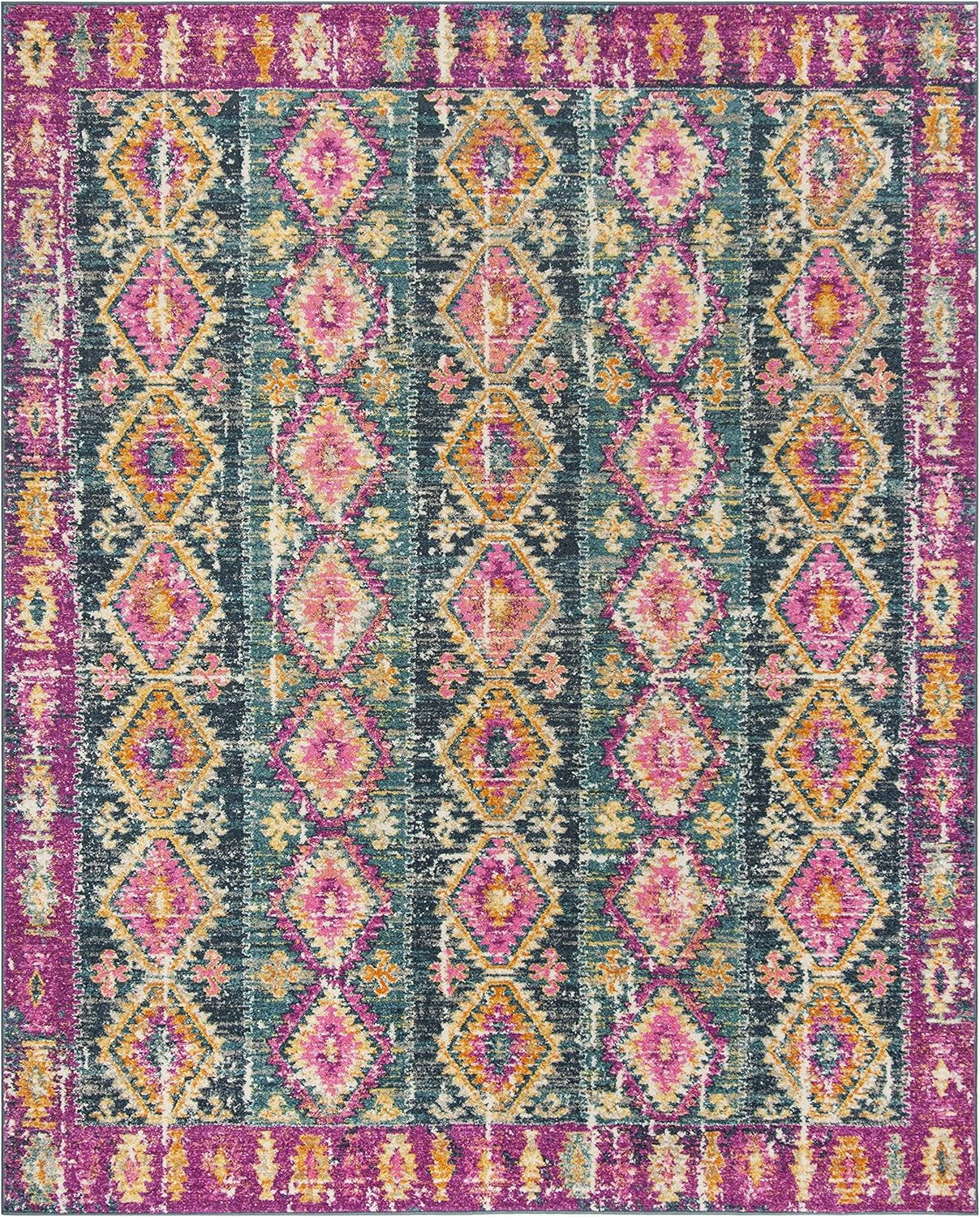Area Rug 8X10 - Madison Collection - Large - Fuchsia & Blue, Boho Chic Distressed Design, Non-Shedding & Easy Cleaning, Ideal for Living Room, Bedroom, Office, Dining Space (MAD129F)
