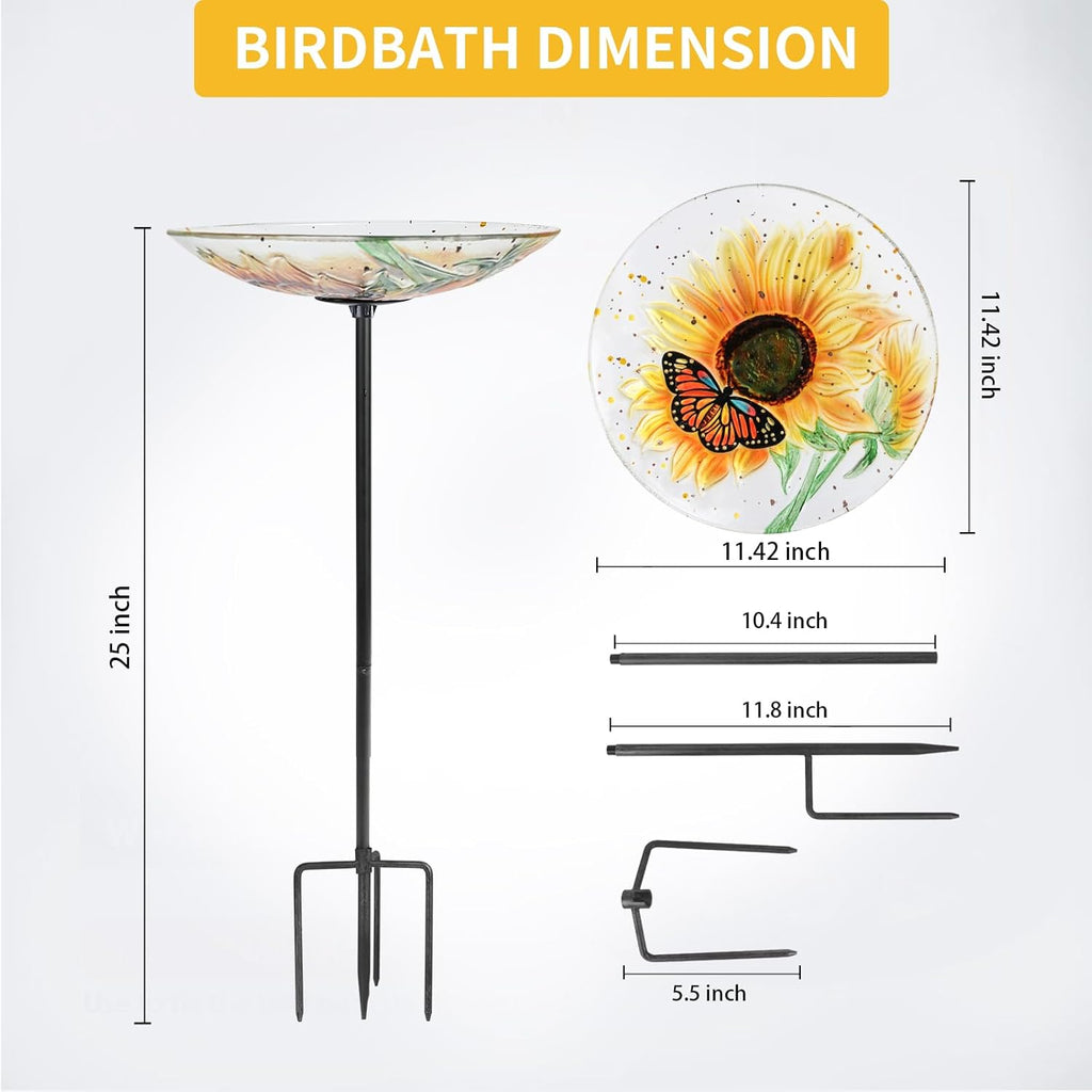 Bird Baths for Outdoors, Glass Birdbath Birdfeeder Bowl with Metal Stake for outside Garden Yard Lawn Sunflower Butterfly Decor