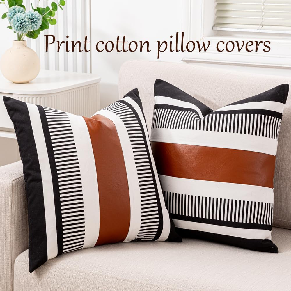 Farmhouse Throw Pillow Covers -Decorative Faux Leather Pillow Cases for Couch Sofa Livingroom Tribal Stripe Accent Cushion Cover 18X18 Inch (2, 18''X18'')