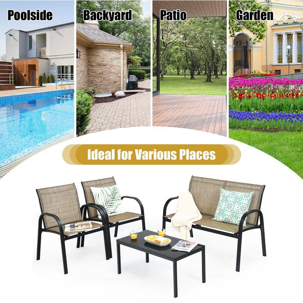 Patio Brown 4-Piece Plastic Wicker Patio Conversation Set