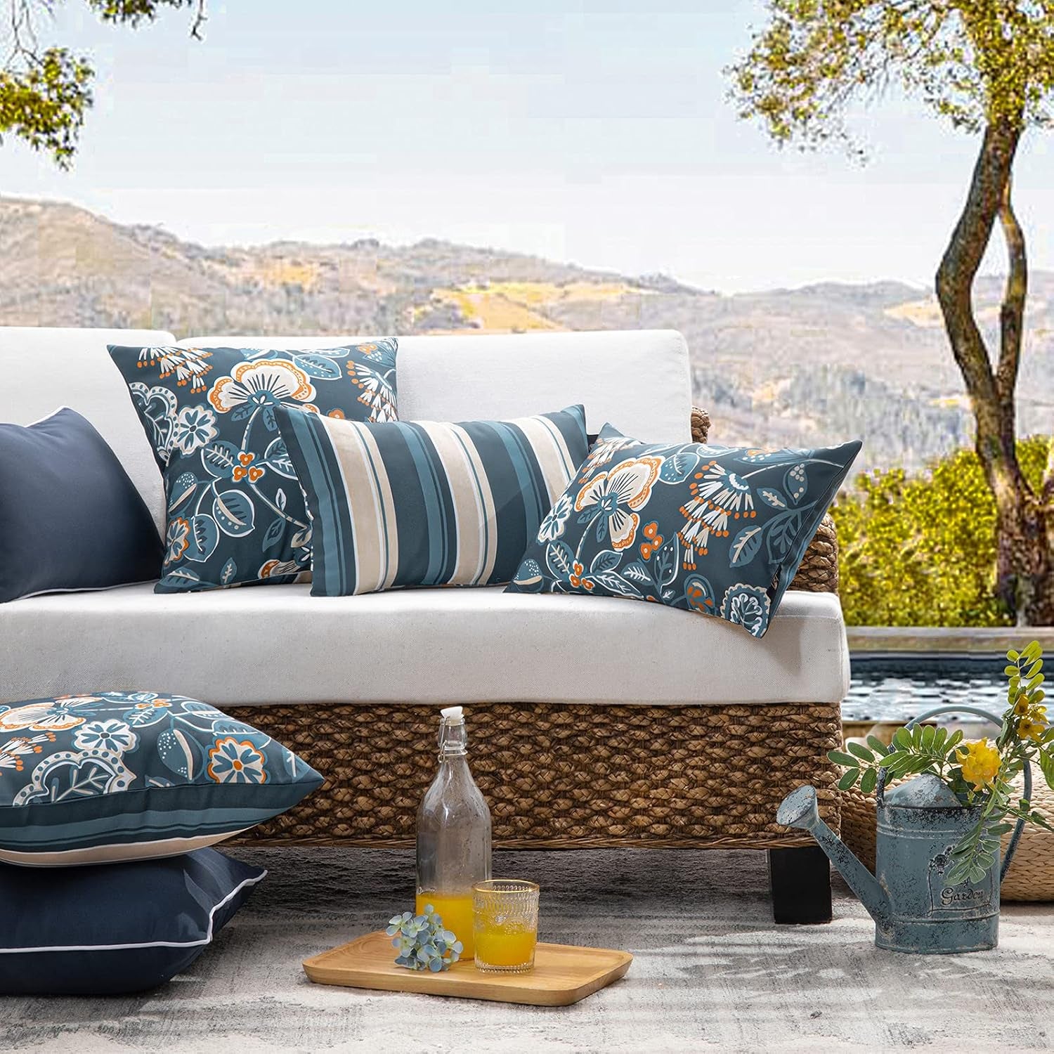 Pack of 2 Outdoor Indoor Throw Decorative Pillow Cover Floral Striped Waterproof Patio Pillows Cushion Case for Couch Tent Park, Dark Blue 18 X 18 Inches