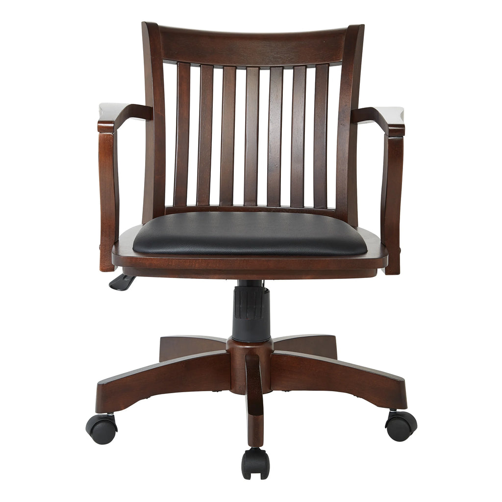 Deluxe Wood Bankers Chair with Vinyl Padded Seat in Espresso Finish and Black Vinyl Fabric