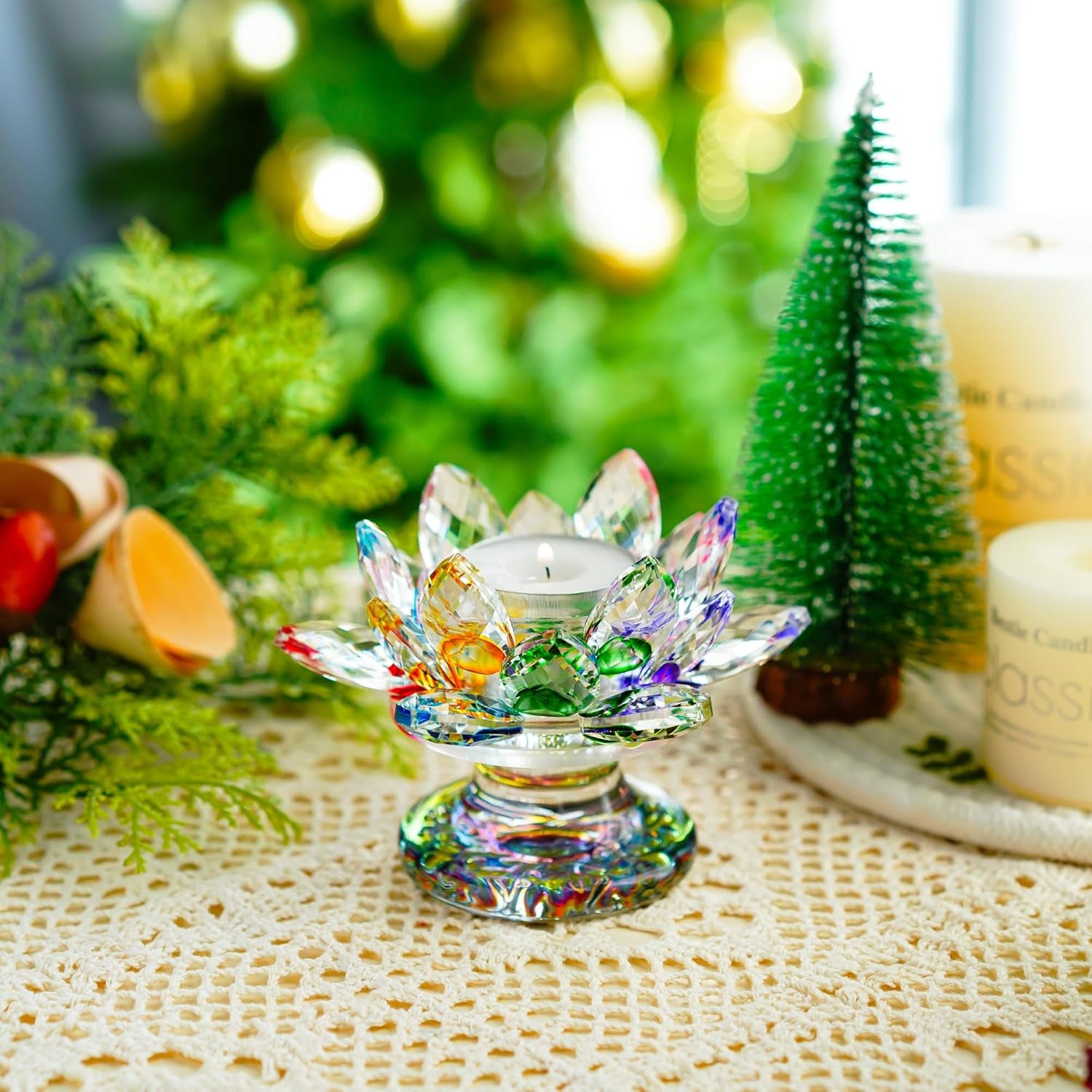 Colorful Crystal Lotus Flower Candle Holder Tealight Holders (4.5Inch-Multi)