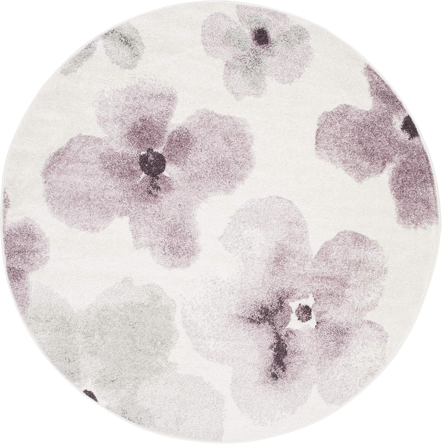 Adirondack Collection Area Rug - 6' Round, Ivory & Purple, Floral Watercolor Design, Non-Shedding & Easy Care, Ideal for High Traffic Areas in Living Room, Bedroom (ADR123L)