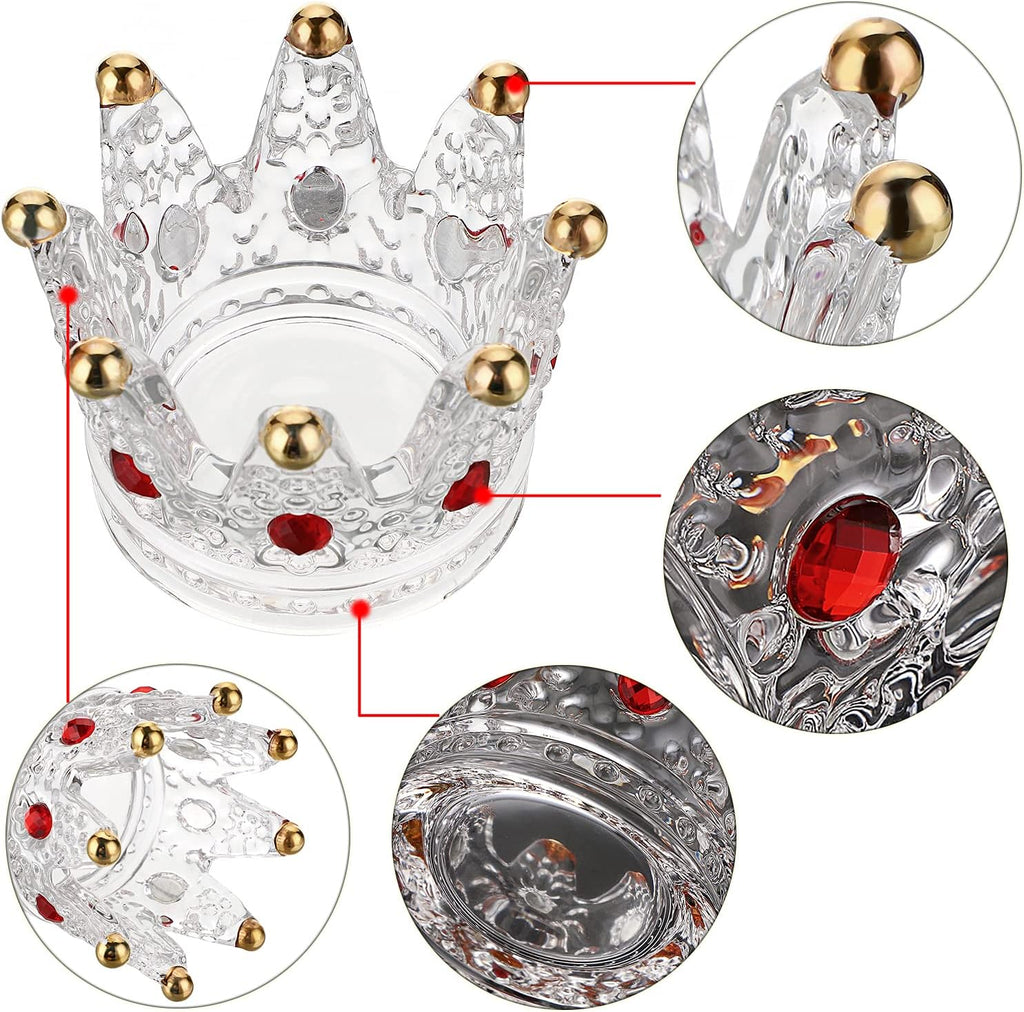 Set of 4 Glass Crown Tealight Candle Holder Crystal Votive Candle Holder Candle Stand, Crown Nail Art Dappen Dish Tea Light Holder for Dining Table Centerpiece Home Decor Wedding Party (Red)