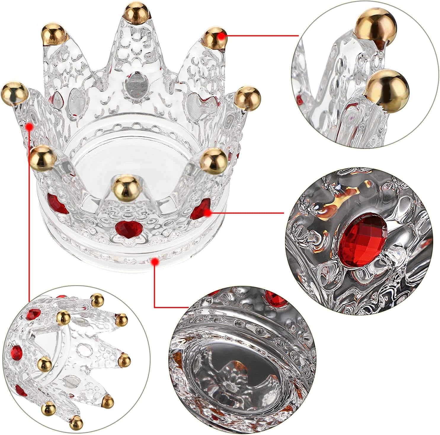 Set of 4 Glass Crown Tealight Candle Holder Crystal Votive Candle Holder Candle Stand, Crown Nail Art Dappen Dish Tea Light Holder for Dining Table Centerpiece Home Decor Wedding Party (Red)