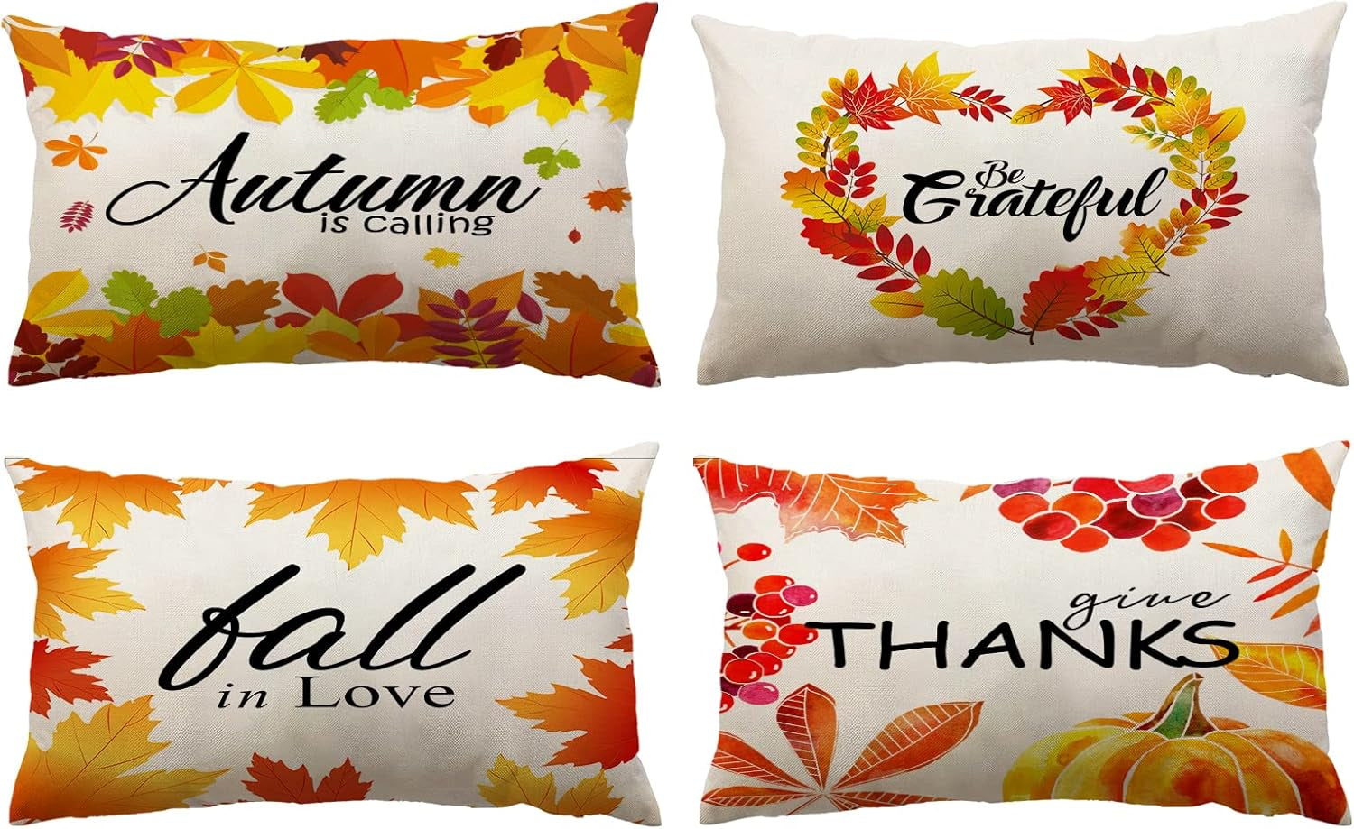Set of 4 Fall Pillow Covers 12X20 Inch Thanksgiving Decor Throw Pillows Autumn Pumpkins Leaves Decorative Home Outdoor Sofa Couch Lumbar Cases for Decorations (12 by 20) Y-Fall 08 12*20