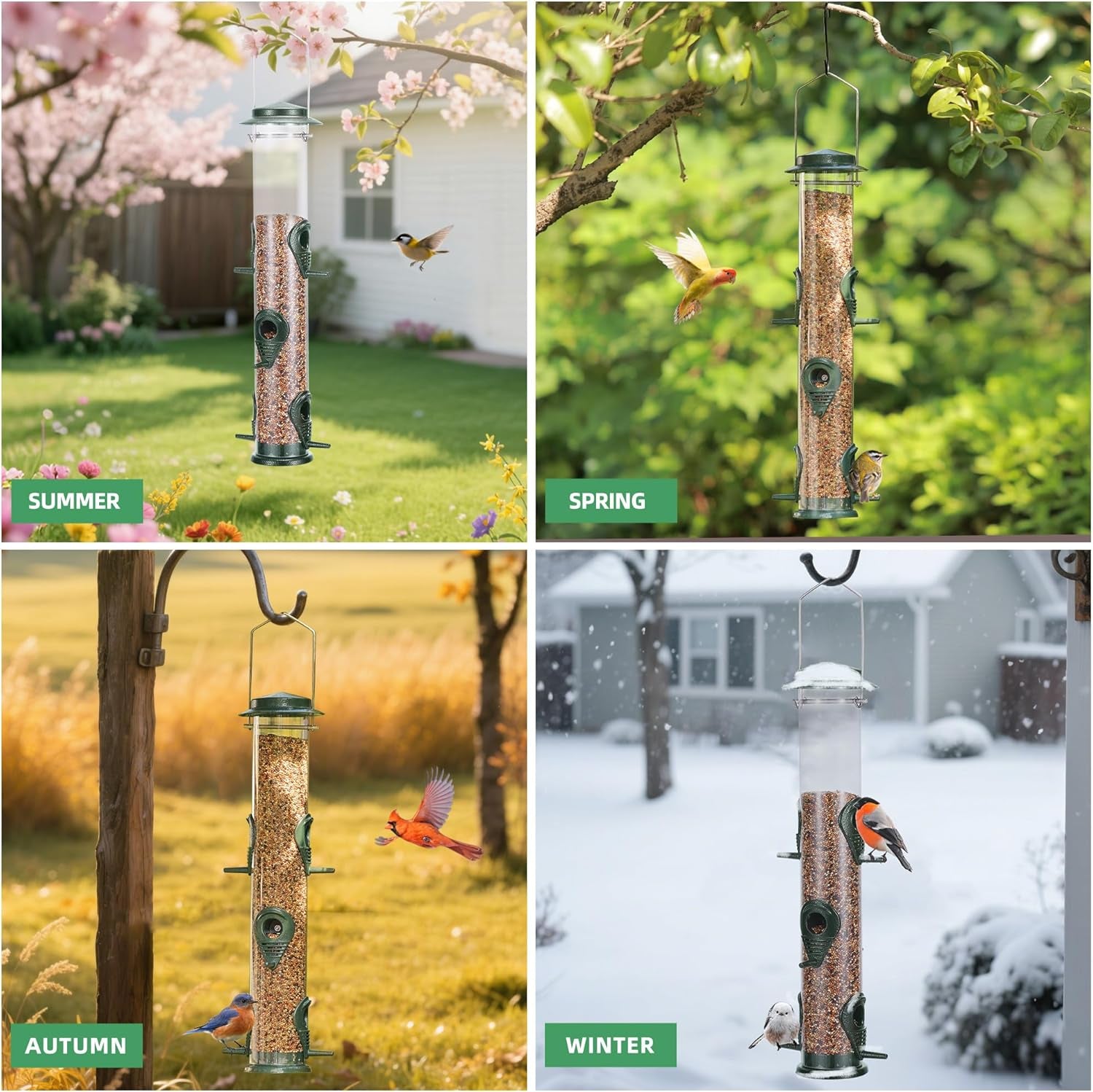 1PK Metal Bird Feeders with 6 Feeding Ports,Tube Bird Feeder with Steel Hanger,Hard Plastic Wild Bird Feeder for Outdoors Hanging, Attracting Birds in Your Lawn, Garden, Balcony–Green