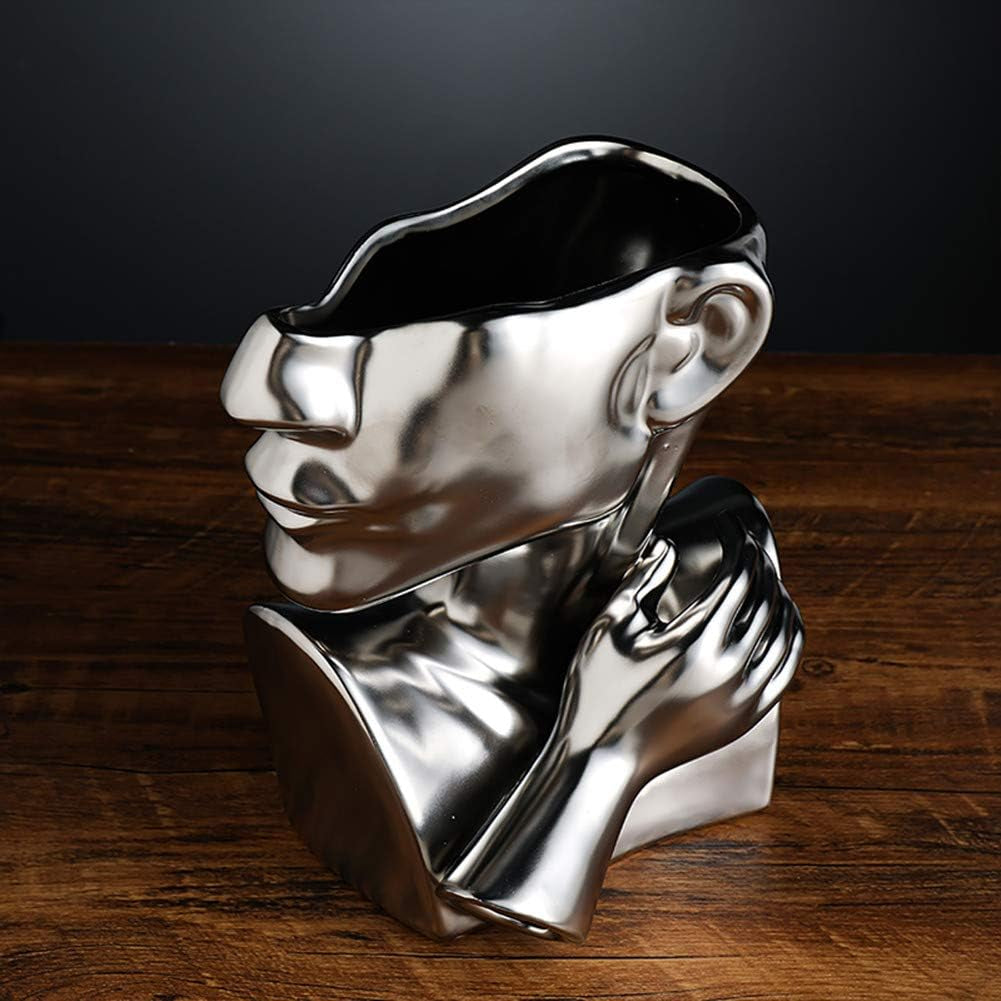Silver Ceramic Vase Decoration Human Face Abstract Sculpture Modern Vase Ideal Gift for Friends, Family, Wedding or Home Decoration