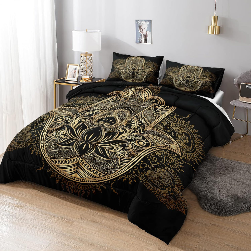 Boho King Comforter Set Black and Gold Comforter Hamsa Hand of Fatima Bohemian Floral Printed Hippie Bedding Sets 1 Comforter 2 Pillowcases(King, Hamsa Hand)