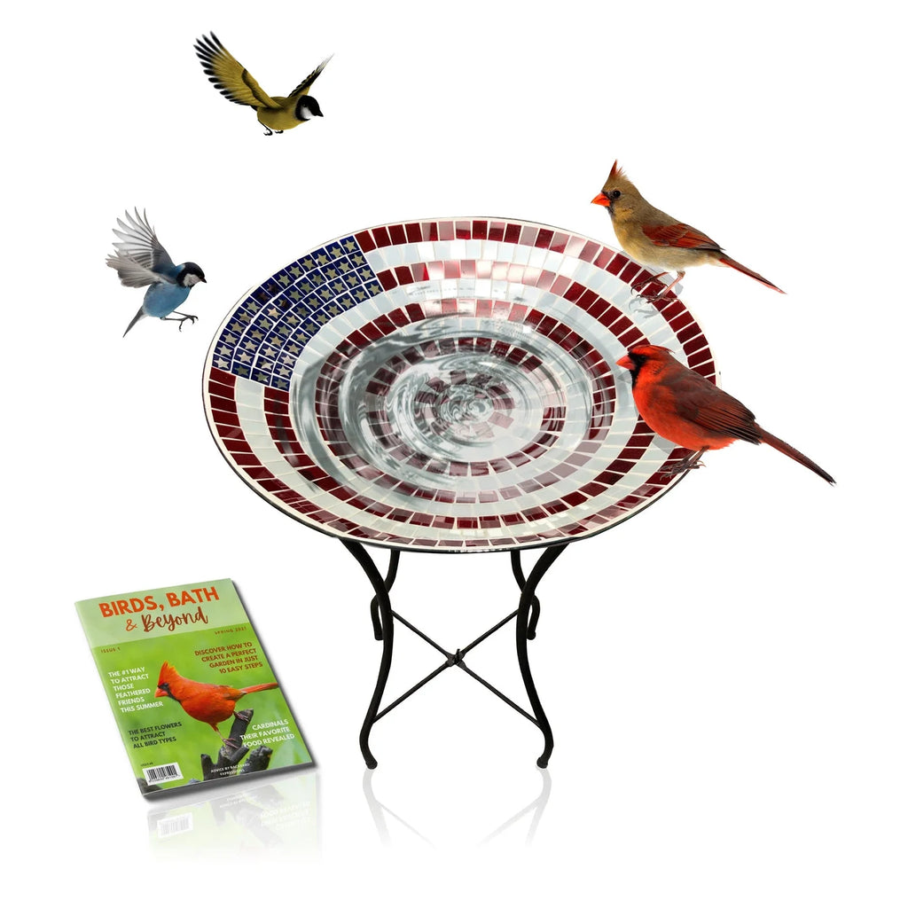 American Flag Mosaic Glass Birdbath with Metal Stand
