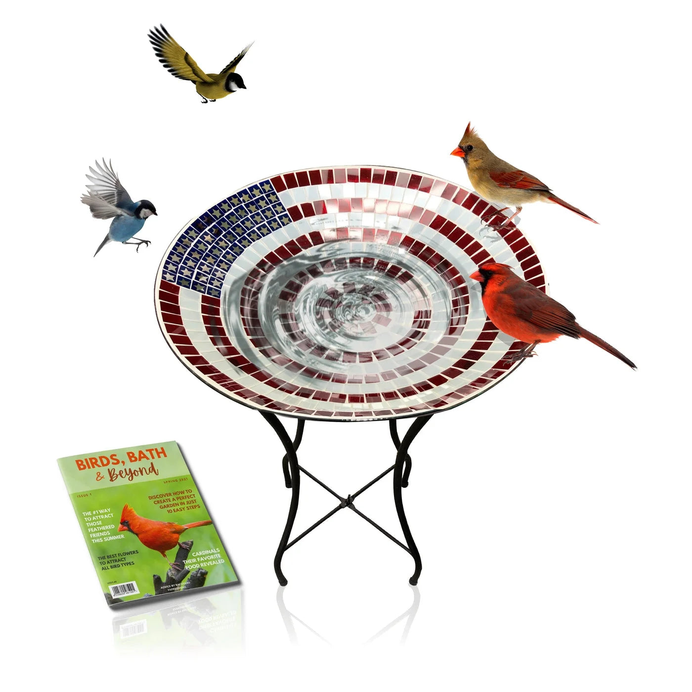 American Flag Mosaic Glass Birdbath with Metal Stand