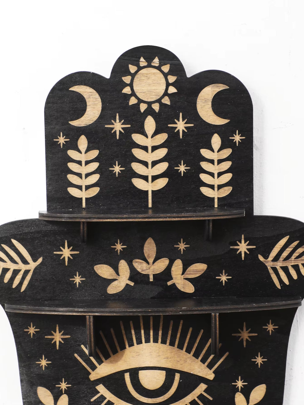 Black Wooden Wall Shelf Boho Hamsa Hand Shape Wall Decor Hanging Shelves Crystal Display Stand Ledge Evil Eye Gothic Home Decor