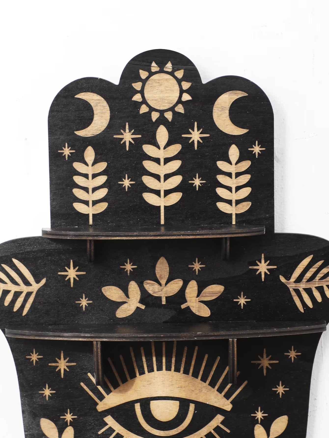 Black Wooden Wall Shelf Boho Hamsa Hand Shape Wall Decor Hanging Shelves Crystal Display Stand Ledge Evil Eye Gothic Home Decor