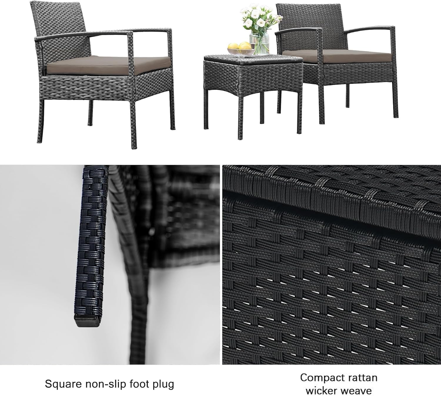 3 PCS Patio Rattan Conversation Chairs Set, Outdoor Patio Furniture Balcony Furniture Set, Wicker Patio Bistro Set for Garden Porch Balcony Yard, Brown